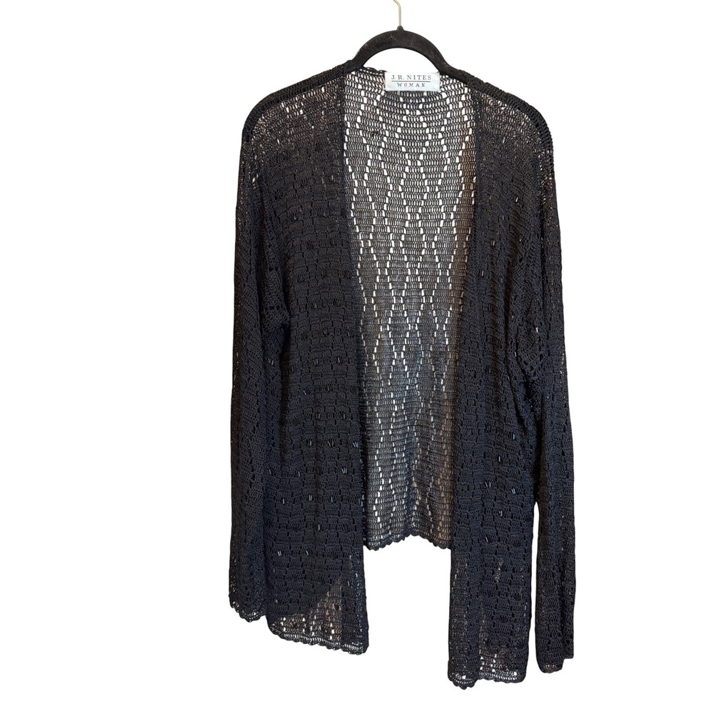 JR Nites Woman Black Crochet Open Front Cardigan Lightweight Long Sleeve Sweater